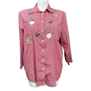 Karen Scott II Red Gingham Christmas Embroidered Button Down Shirt Size 1X